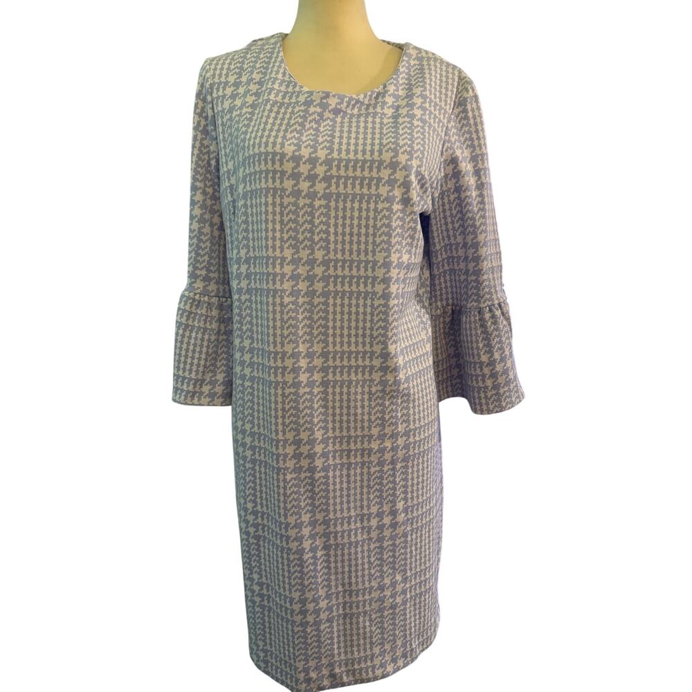 Tyler Boe Blue Houndstooth Shift Dress, 60's Mod Retro Jacquard, Size Large